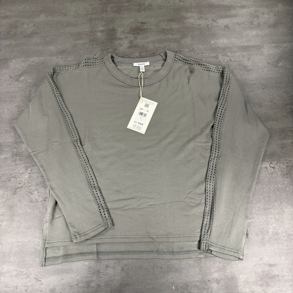 Splendid Jada Supersoft Sweatshirt Womens S Sage Green Pointelle Trim NEW $138